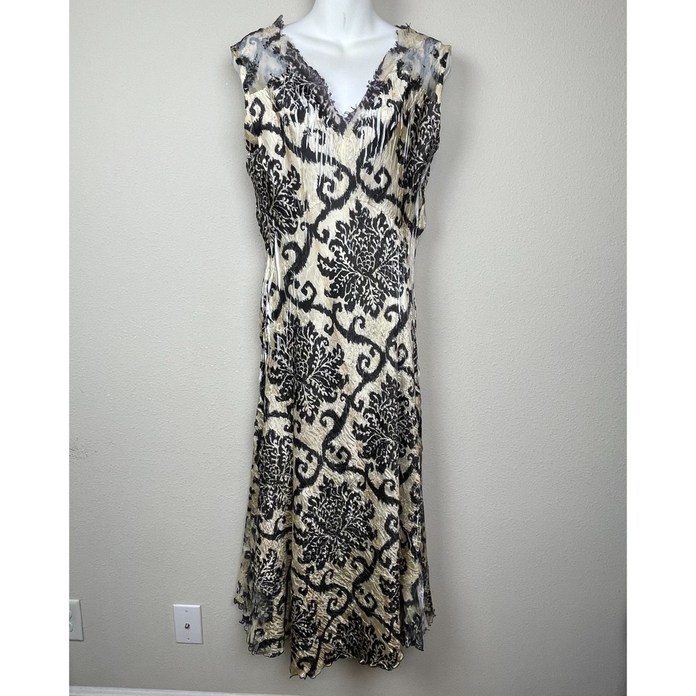 Komarov Sheath Midi Dress XL Cream Black Crinkle V-Neck Lace Accent Cocktail USA
